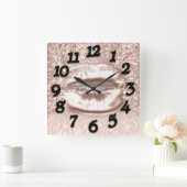 ピンクローズフローラグリッターキスリップスナンバーズ美しい スクエア壁時計 (ホーム)