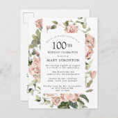 ピンクローズフローラグリーン100誕生日 インビテーションポストカード (正面/裏面)