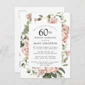 ピンクローズフローラグリーン60誕生日 インビテーションポストカード (正面/裏面)
