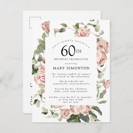 ピンクローズフローラグリーン60誕生日 インビテーションポストカード (正面/裏面)