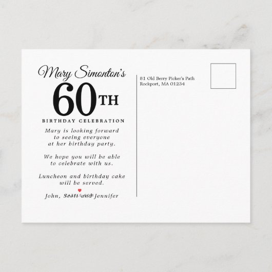 ピンクローズフローラグリーン60誕生日 インビテーションポストカード (裏面)