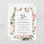 ピンクローズフローラグリーン70誕生日 インビテーションポストカード (正面/裏面)