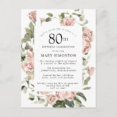 ピンクローズフローラグリーン80誕生日 インビテーションポストカード (正面)