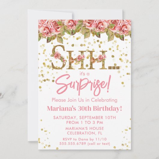 ピンクローズフローラサプライズバースデーパーティー 招待状 (正面)