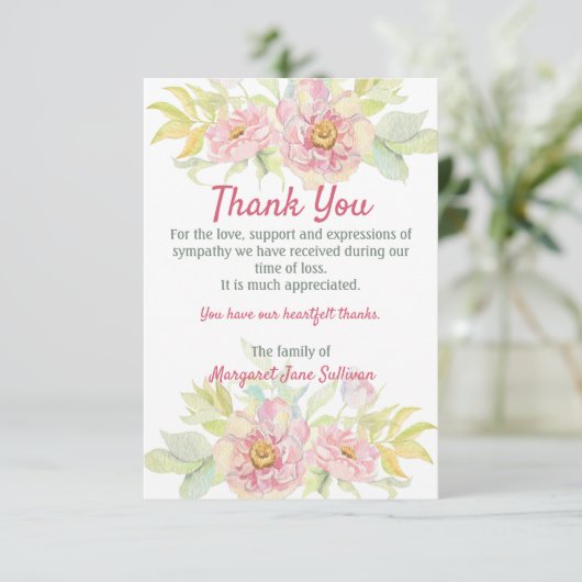 ピンクローズフローラサンキューユリディナル悔やみや弔慰 サンキューカード (スタンド正面)