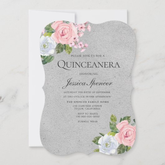 ピンクローズフローラシルバーキンセアニェラパーティー招待状 招待状 (正面)