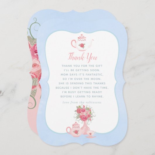 ピンクローズフローラティーパーティーベビーシャワーありがとう サンキューカード (正面/裏面)