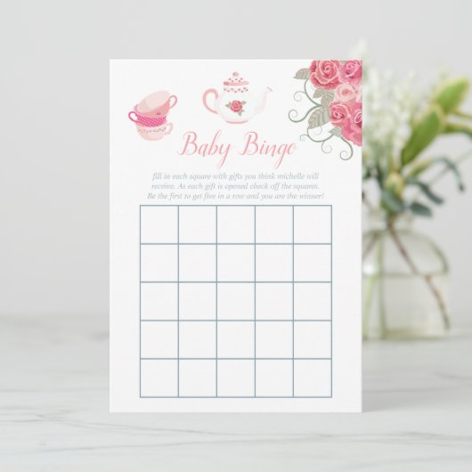 ピンクローズフローラティーパーティーベビーシャワーベビービンゴ 招待状 (スタンド正面)