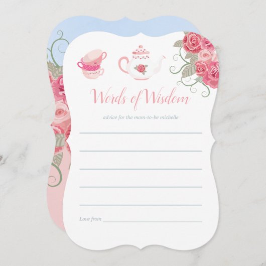 ピンクローズフローラティーパーティーベビーシャワーママアドバイス 招待状 (正面/裏面)