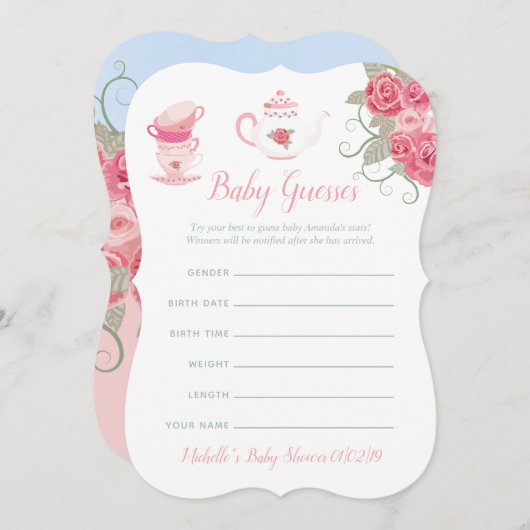 ピンクローズフローラティーパーティーベビーシャワー憶測 招待状 (正面/裏面)