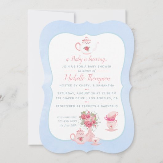 ピンクローズフローラティーパーティーベビーシャワー招待状 招待状 (正面)