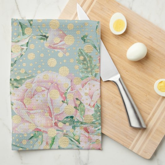 ピンクローズフローラティール(緑がかった色)金ゴールド水玉模様ヴィンテージ キッチンタオル (四つ折り)
