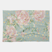 ピンクローズフローラティール(緑がかった色)金ゴールド水玉模様ヴィンテージ キッチンタオル (横)