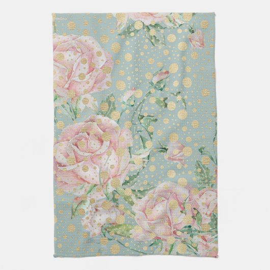ピンクローズフローラティール（緑がかった色）金ゴールド水玉模様ヴィンテージ キッチンタオル (縦)