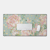 ピンクローズフローラドット金ゴールドティール（緑がかった色）エレガントヴィンテージ デスクマット (キーボード&マウス)