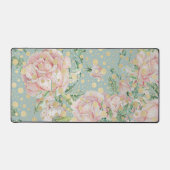 ピンクローズフローラドット金ゴールドティール（緑がかった色）エレガントヴィンテージ デスクマット (正面)