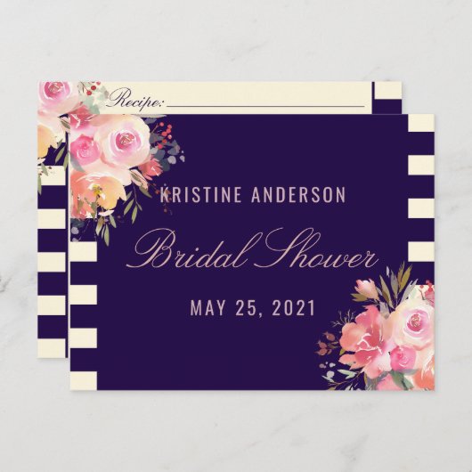 ピンクローズフローラネイビーストライプブルーレシピカード ポストカード (正面/裏面)