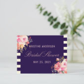 ピンクローズフローラネイビーストライプブルーレシピカード ポストカード (スタンド正面)