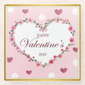 ピンクローズフローラハートバレンタインデギフト ガラスコースター (正面)