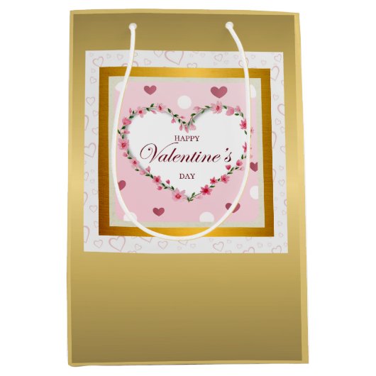 ピンクローズフローラハートバレンタインデギフト ミディアムペーパーバッグ (正面)