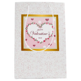 ピンクローズフローラハートバレンタインデギフト ミディアムペーパーバッグ