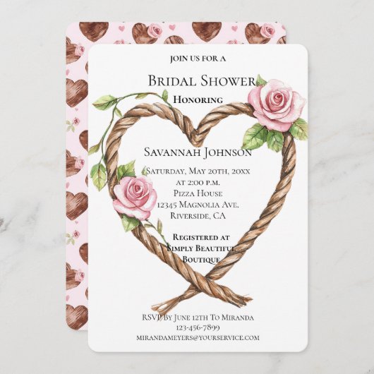 ピンクローズフローラハート南西ブライダルシャワー 招待状 (正面/裏面)