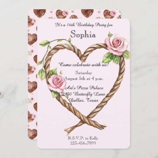 ピンクローズフローラハート16誕生日 招待状 (正面/裏面)