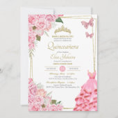 ピンクローズフローラバタフライキンセアニェラお祝い 招待状 (正面)