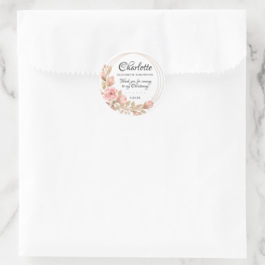 ピンクローズフローラパーソナライズされた《キリスト教》洗礼式や命名式 ラウンドシール (バッグ)