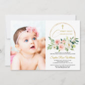 ピンクローズフローラフォトガールファースト聖餐式 招待状 (正面)