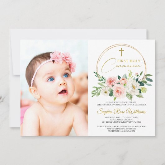 ピンクローズフローラフォトガールファースト聖餐式 招待状 (正面)