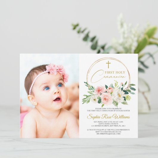 ピンクローズフローラフォトガールファースト聖餐式 招待状 (スタンド正面)