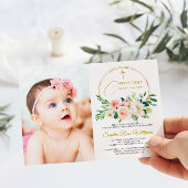 ピンクローズフローラフォトガールファースト聖餐式 招待状