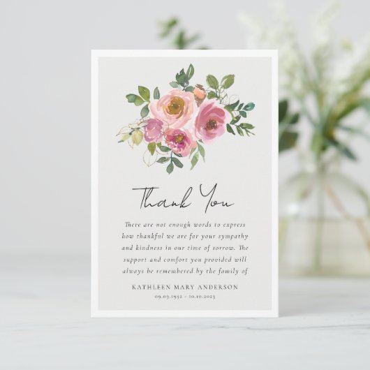 ピンクローズフローラフォト悔やみや弔慰葬儀 サンキューカード (スタンド正面)