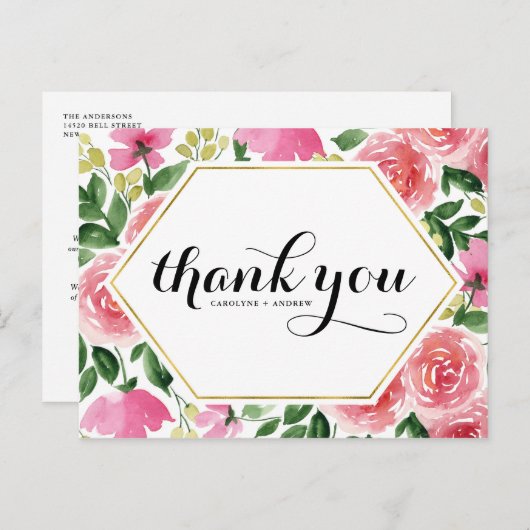 ピンクローズフローラフレーム結婚ズサンキュー ポストカード (正面/裏面)