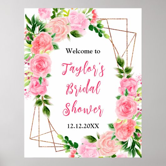ピンクローズフローラブライダルシャワーウェルカムサイン ポスター (正面)