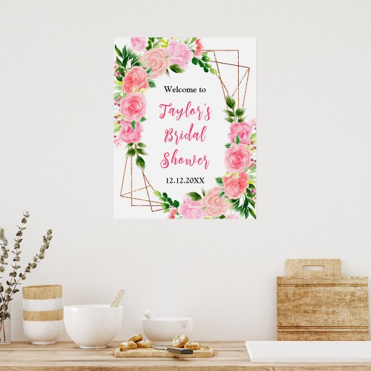 ピンクローズフローラブライダルシャワーウェルカムサイン ポスター (キッチン)