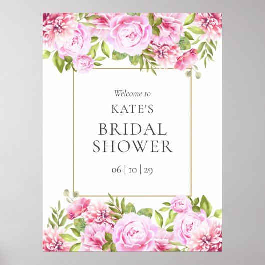 ピンクローズフローラブライダルシャワーウェルカムサイン ポスター (正面)