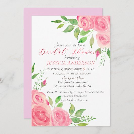 ピンクローズフローラブライダルシャワー招待 招待状 (正面/裏面)