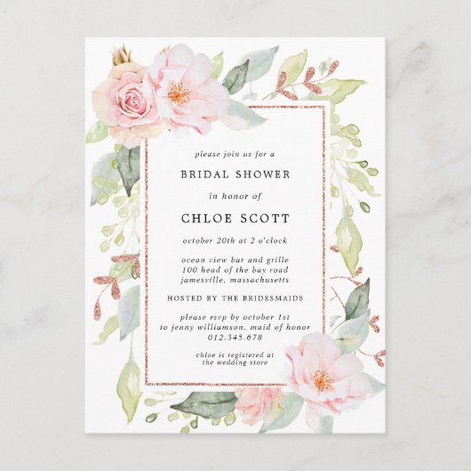 ピンクローズフローラブライダルシャワー インビテーションポストカード (正面)