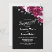 ピンクローズフローラブラック婚約パーティ写真 招待状 (正面)