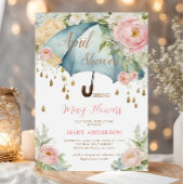 ピンクローズフローラブルーアンブレラエイプリルシャワー 招待状