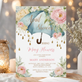 ピンクローズフローラブルーアンブレラエイプリルシャワー 招待状