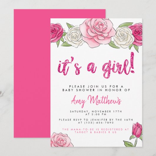 ピンクローズフローラベビーシャワー招待状 招待状 (正面/裏面)