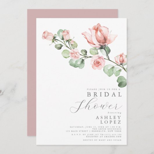 ピンクローズフローラミニマルエレガントブライダルシャワー 招待状 (正面/裏面)