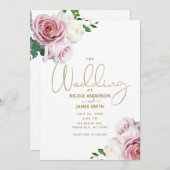ピンクローズフローラミニマルグモダン結婚リーズ 招待状 (正面/裏面)
