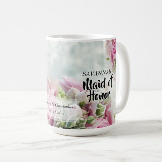 ピンクローズフローラメイド・オブ・オーナー（花嫁付き添い人）結婚式の引き出物 コーヒーマグカップ (正面右)