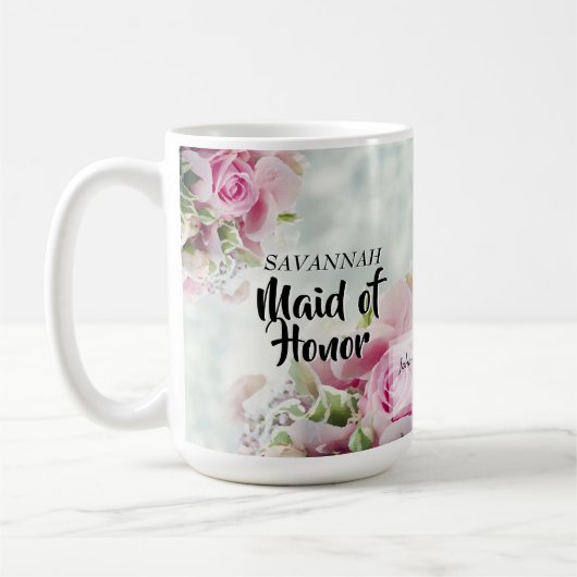 ピンクローズフローラメイド・オブ・オーナー（花嫁付き添い人）結婚式の引き出物 コーヒーマグカップ (左)