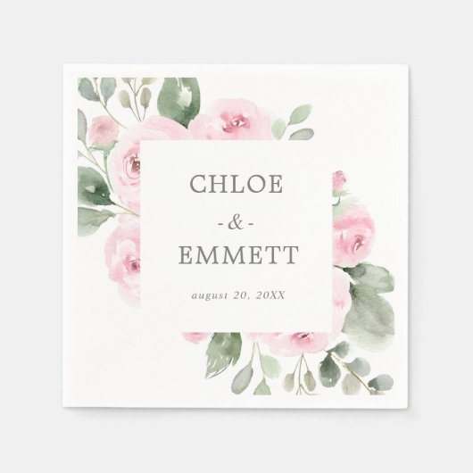 ピンクローズフローラユーカリ結婚ズナプキン スタンダードカクテルナプキン (正面)