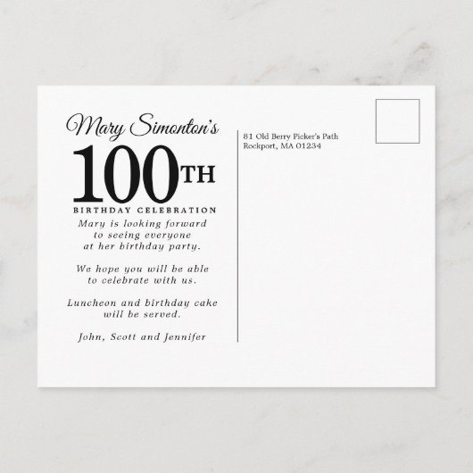 ピンクローズフローラユーカリ100thバースデーパーティー インビテーションポストカード (裏面)